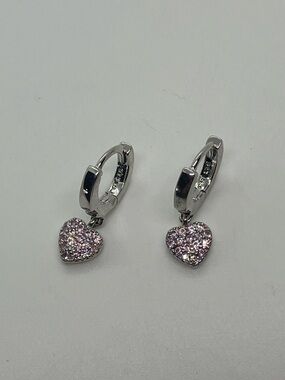 Pink CZ Pavé Heart Dangle Huggie Mini Hoop Earrings Sterling Silver 925
